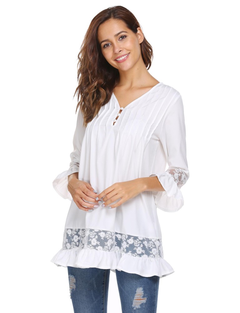 SuperCart Wanita Lengan Panjang Leher V Patchwork Bergeser Panjang T-Shirt Longgar Atasan Kasual (Putih)-Intl