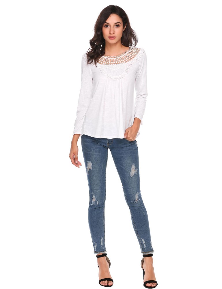 SuperCart Wanita Lengan Panjang Renda Patchwork T-shirt Solid Berongga Ramping Atasan Kasual (Putih)-Intl