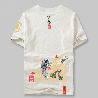 Gambar Tide merek katun Jepang Wukong koi pria dan wanita lengan pendek t shirt (Abu abu terang pakaian ikan mas positif dan negatif)