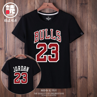 Gambar Tren katun basket laki laki lengan pendek t shirt jersey (Basket hitam di bagian belakang putih gambar.)