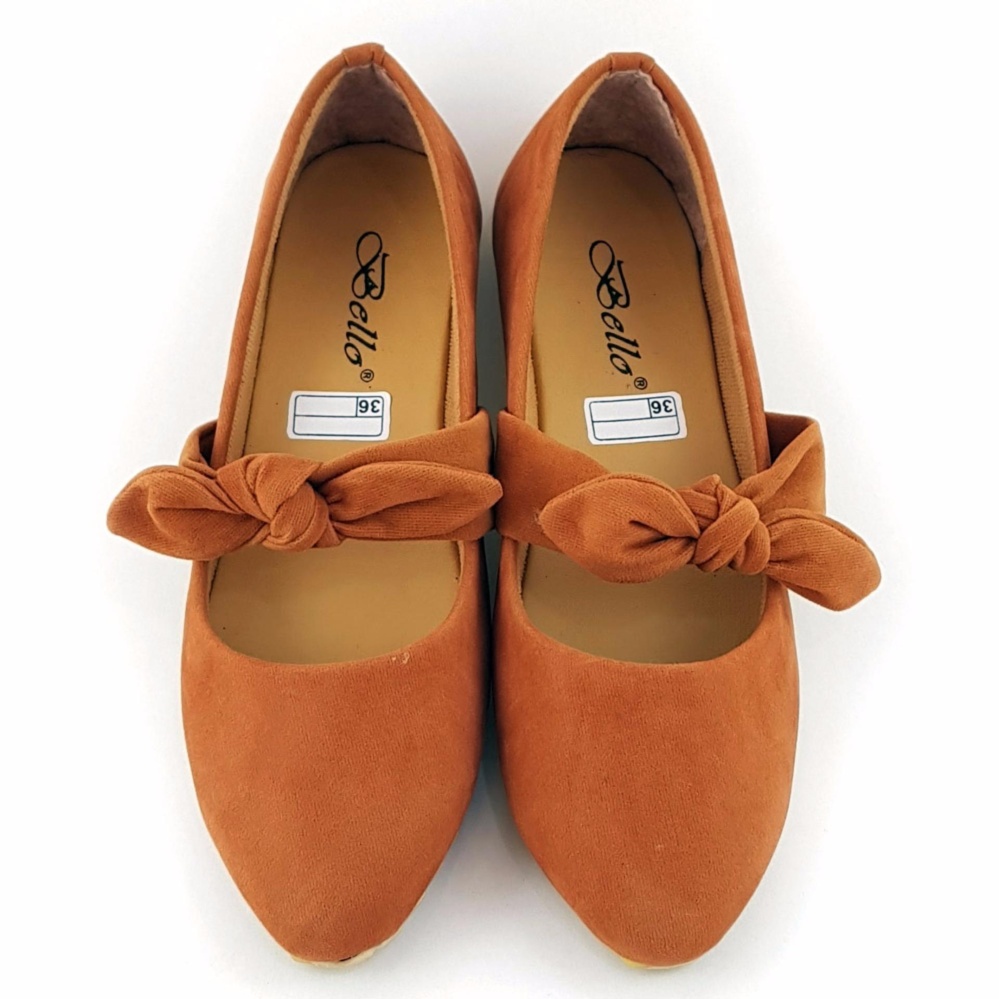 TrendiShoes Sepatu Wanita Flat Shoes Suede Knot BO025 - Tan .