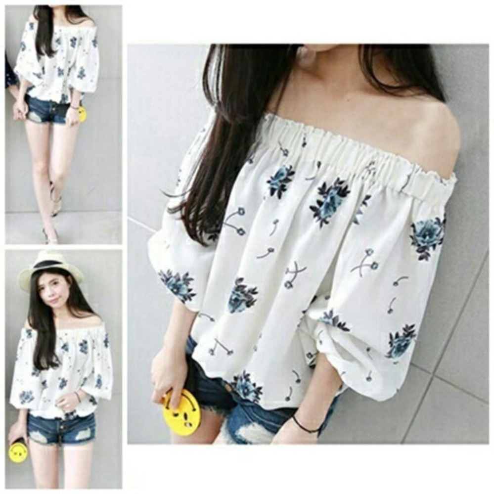 UC Baju Blouse Sabrina Top Atasan Wanita Bunga / off The Shoulder / Baju Sepundak / Sabrina 3/4 Santai kasual Flower (sero) NR - Putih Biru D2C