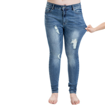 Gambar Ukuran lebih L 6XL 2015 semi Eropa dan Amerika ukuran besar BBtipis elastis ukuran besar lubang di celana Jeans perempuan kaki100 kg memakai   International