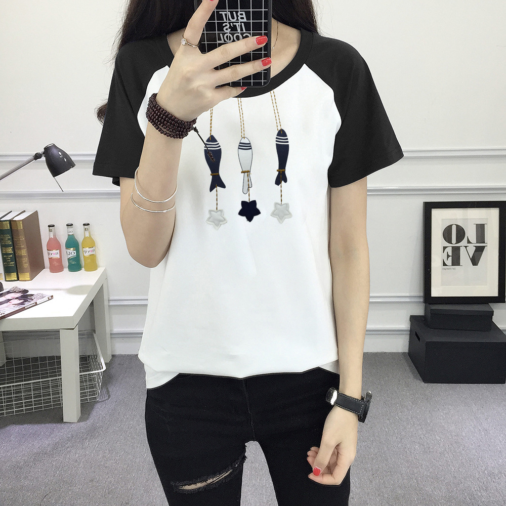 Versi Korea dari perempuan longgar lengan pendek t-shirt t-shirt (Hitam)