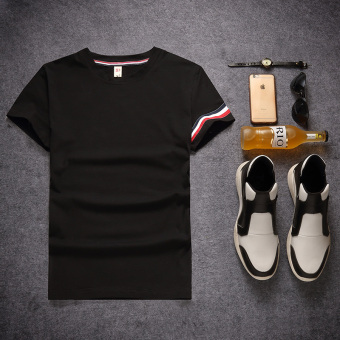 Gambar Versi Korea lengan pendek pria Slim t shirt (Hitam pita)