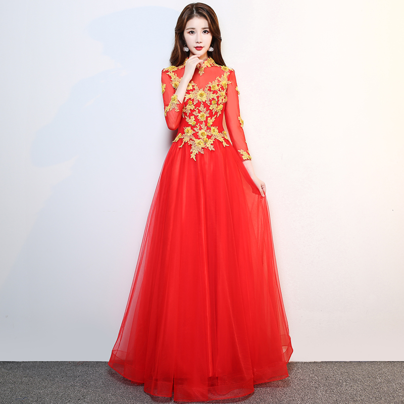 Flash Sale Vina Merah Baru Musim Dingin Stand-Up Kerah Gaun Malam Baju Pelayanan (