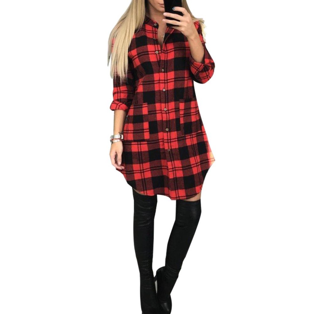 Wanita Tops Girl Lengan Panjang Kotak-kotak Kasual Baju Kemeja Berkancing Atasan dengan Saku-Internasional