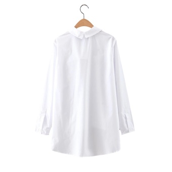 Wanita V-neck Leopard Pocket Cotton Lengan Panjang Blus Longgar Putih Kemeja Wanita Fashion Streetwear