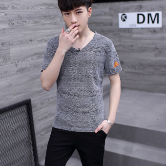 Gambar Warna solid musim panas pria Slim versi Korea dari lengan pendek t shirt (Lengan pendek F012 abu abu terang)