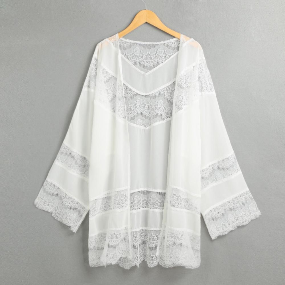 Women Chiffon Kimono Cardigan Floral Lace Boho Loose Outerwear Beachwear Cover Up Blouse Tops White - intl