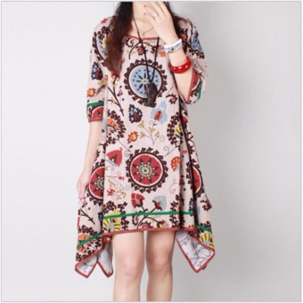 Gambar Women Short Sleeve Cotton Linen Hemp Casual Patchwork FlorarPrinting and dyeing Retro Dress   intl