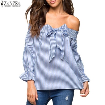 jual zanzea newest the shoulder tops summer womens slash neck with bow vertical striped blue jual zanzea newest the shoulder tops summer womens slash neck with bow vertical striped blue
