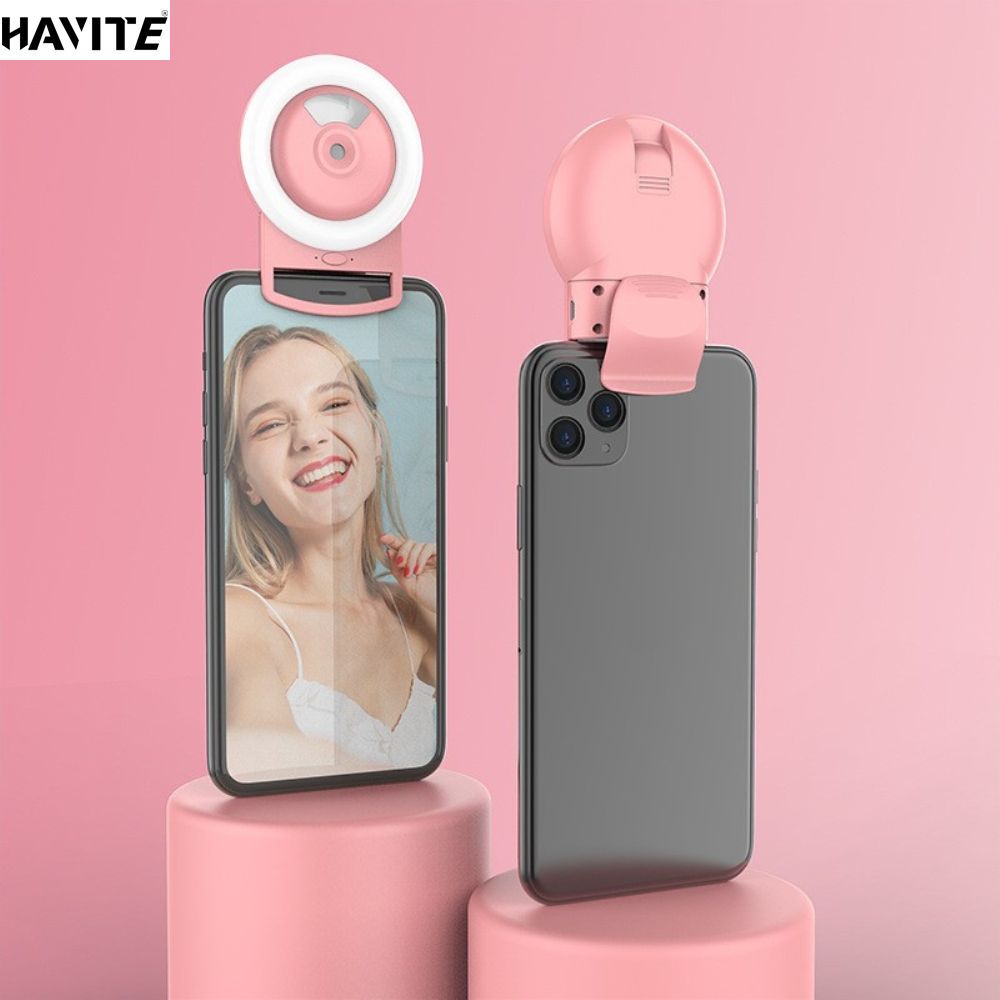 HAVITE 2020ใหม่คลิปหนีบแบบพกพาหลอดไฟเซลฟี่โทรศัพท์มือถือวงกลมมาโครLED LEDไฟเติมแสงสำหรับโทรศัพท์มือถือสมาร์ทโฟน