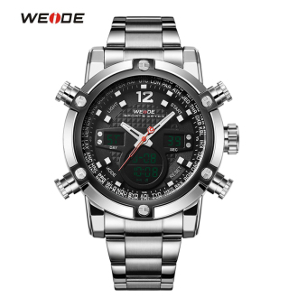 [100% Genuine]WEIDE Sport Watch Luxury Brand Dual Time Zone Black LCD Dial Alarm Steel Strap Relogio Quartz Digital Military Men Wristwatch Red  