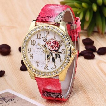 2017 Cheap Hot Sale Fashion Diamond Rose Flower Red PU Leather Women Watches TC330 - intl  