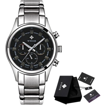 2017 New WWOOR Luxury Brand Quartz Watches Men Analog Chronograph Clock Men Sports Military Stainless Steel Fashion Wrist watch-silver black - intl  
