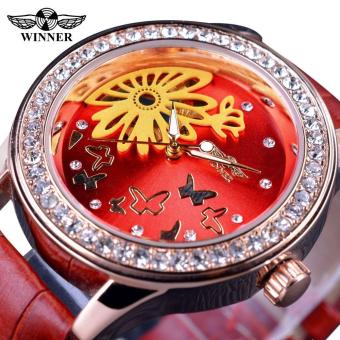 2017 Women Fashion Casual Design Chinese Red Diamond Transparent Case Female Watches Top Brand Mechanical Watch Clock - intl  