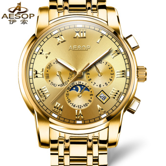 Gambar Aesop emas pria berongga jam tangan Waterproof merek jam tangan