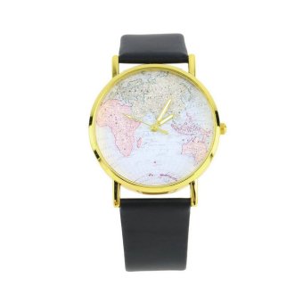 Allwin Fashion Womens Leather Alloy World Map Globe Analog Quartz Retro Wrist Watch (Black)  