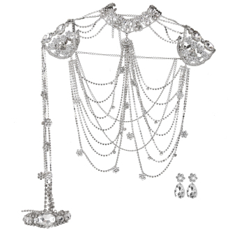 Gambar BolehDeals Bridal pernikahan perhiasan berlian imitasi kristal kalung rantai klip telinga dan bahu