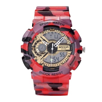 Camouflage Multi Function Double Show Waterproof Shake Proof Sports Watch(Red)-one size - intl  