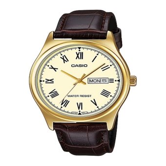 Gambar Casio Analog Jam Tangan Pria   Gold   Strap Kulit   MTP V006GL 9B