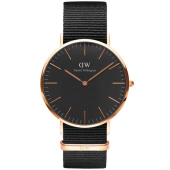 Daniel Wellington DW00100150 Jam Tangan Classic Black Cornwall Horloge 36MM Women Lady Nylon Strap Watch - Black Gold  