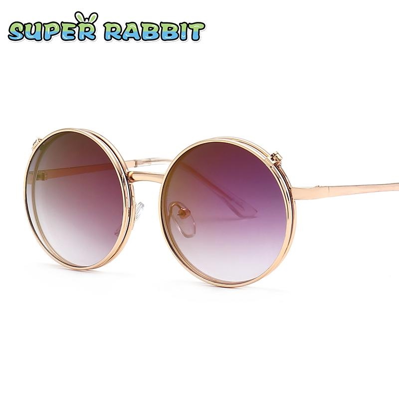 Fashion Anak Retro Sunglasses Kepribadian Bulat Frame Kacamata Menyenangkan Double Lens Flip Kacamata-C1 Emas/Air Ungu INTL