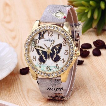 Fashion Hot Sale Diamond Butterfly Big Dial Grey PU Leather Women Quartz Wrist Watch TC317 - intl  