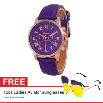 Geneva Leather Cecile Jam Tangan Wanita - Kulit - Ungu - Geneva GNV LC 0990 Purple + Gratis Ladies Aviator Sunglasses  
