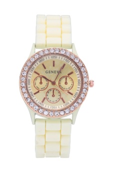 Gambar Geneva Silicone Belt Golden Crystal Stone Quartz Jelly Wrist Watch (Beige)