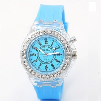 Geneva Women Fashion Watch Ladies Rhinestone LED Quartz Watch Couple Luminous Wrist Watch - Light Blue - intl  