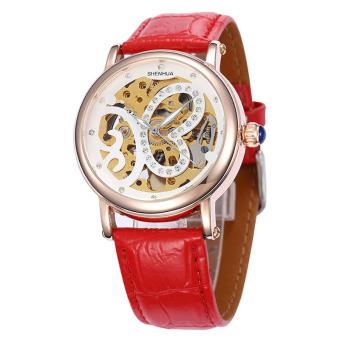 goplm Shenhua Top Brand Luxury Rose Gold Skeleton Automatic Mechanical Watches Women Rhinestone Mechanical Watches Women Waterproof (Red)  