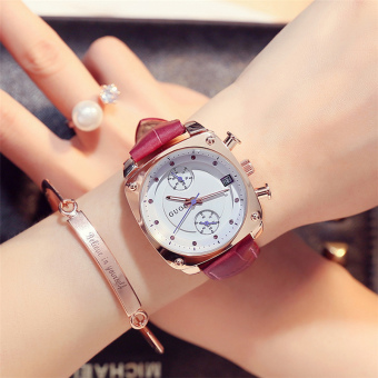 Gambar GUOU tren perempuan sabuk kulit kalender pergelangan tangan jam jam tangan Waterproof