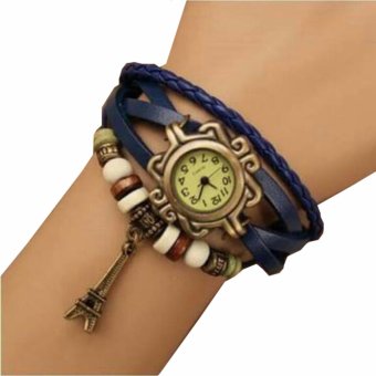 Jam Tangan Gelang Wanita Leather Strap Leaf Style Women Watc - Biru  