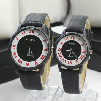 Jam tangan Leather Hitam couple diameter pria 4cm perempuan 2cm fashion elegan free box  