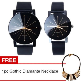 Jam Tangan Quartz 1 Pair Pria dan Wanita Strap Kulit PU Men Women Stainless Steel Leather Couple Watch - Black + Gratis 1pc Gothic Diamante Necklace  