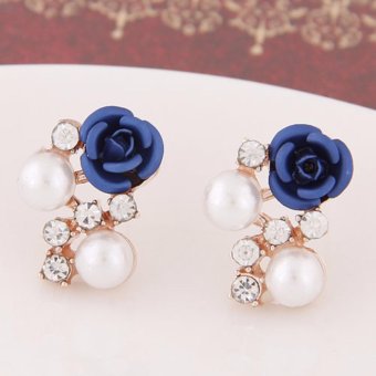 LRC Anting Wanita Sweet Dark Blue Diamond&rose Flower Decorated Simple Design Alloy Stud Earrings