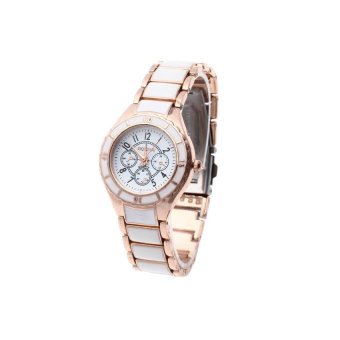 Lucky Luxury Fashion Quartz Wrist Watch Rose Gold + White Imitation Ceramic Band Women - intl  