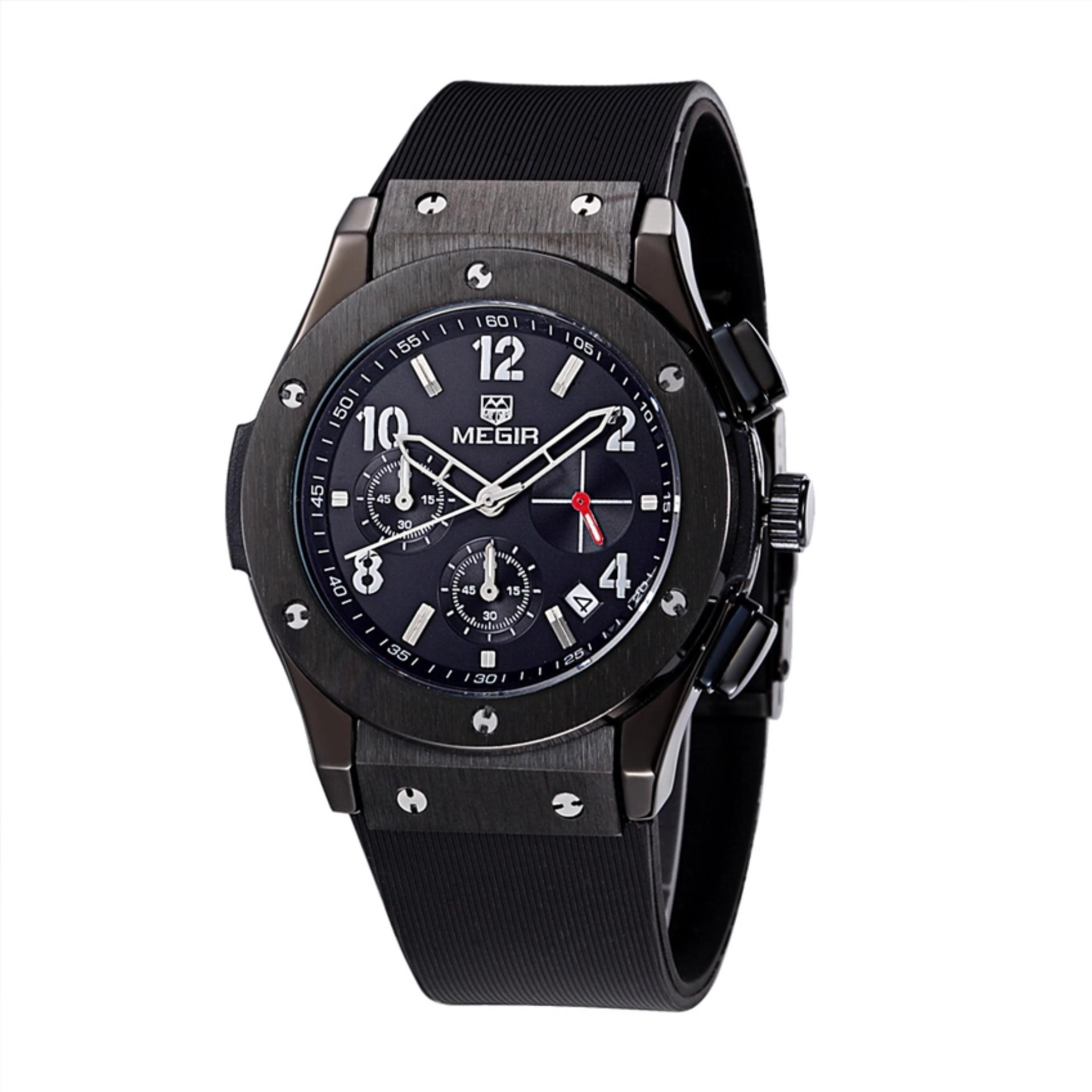 MEGIR Jam Tangan Pria 30M Water Resistant Quartz Watch with Silicone Strap Date Function MN 3002 M/BK-1 - Black Black