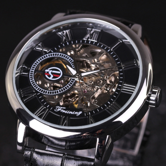 Men Fashion Design Black Gold Watch Hand Wind Mechanical Watch Black Leather  