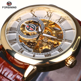 Men Fashion Design Black Gold Watch Hand Wind Mechanical Watch BROWN Leather  