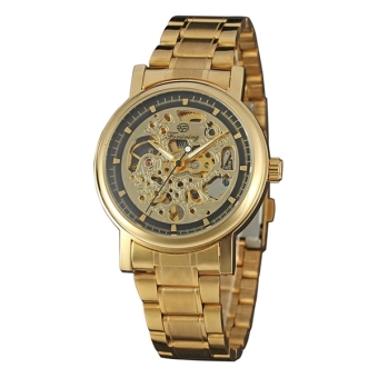 Men Hollow Manual Mechanical Wrist Watch with Stainless Steel Band (Black+Golden)  