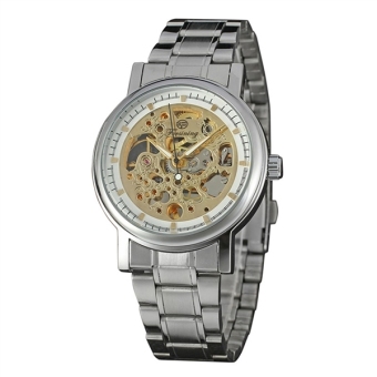 Men Hollow Manual Mechanical Wrist Watch with Stainless Steel Band (Golden+White)  