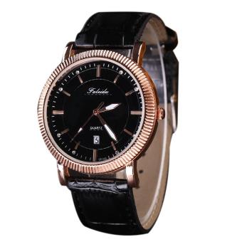 Men Leather Business Calendar Quartz Watch (Black+Gold) - intl  