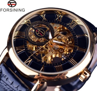 Men Watch Hollow Engraving Black Gold Case Leather Skeleton Mechanical Watches  