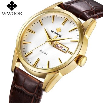 Men Watches Top Brand Date Day Genuine Leather Clock Luxury Gold Casual Watch Men's Quartz Sports Wrist Watch(Brown&Gold) - intl  