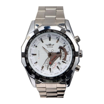 Men's Round Dial Stainless Steel Band Automatic Mechanical Wrist Watch with Date (White)  