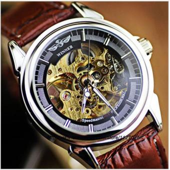 Mens Watches Brown Leather Simple Round Dial Transparent Skeleton Mens Automatic Mechanical Watch Men Luxury Male Relogio Masculino - intl  