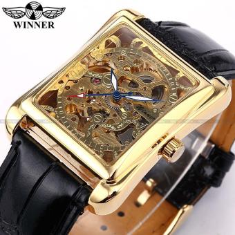 Mens Watches Skeleton Gold Watch Retro Designer Rectangle Black Leather Men Casual Watch Men Luxury Brand Automatic Mechanical Watch - intl  